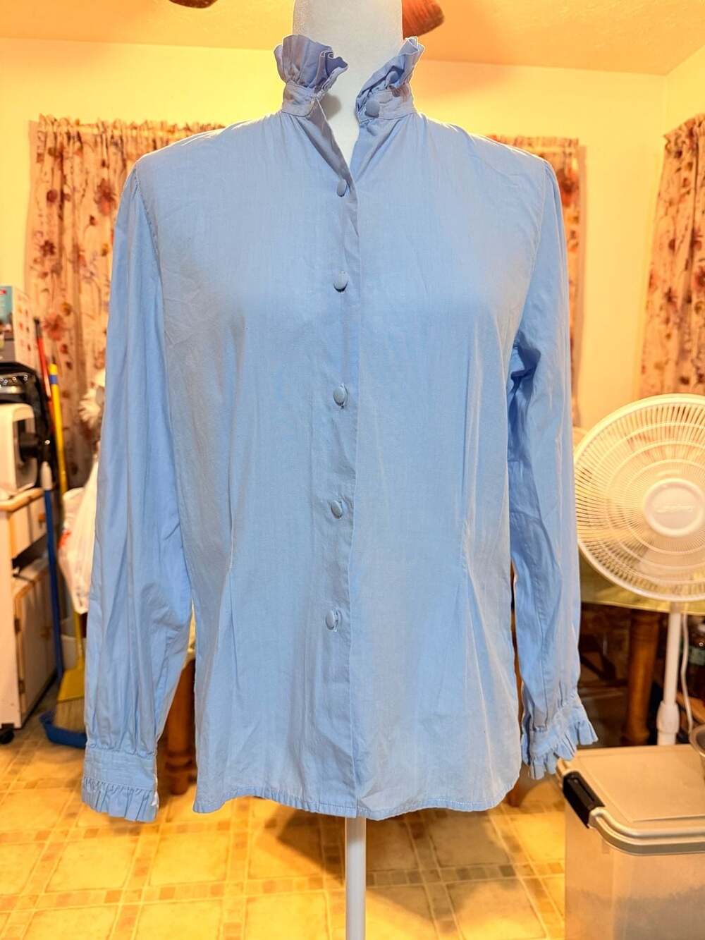 Claude Cotonay Paris Blouse Size 40 Blue Ruffle Collar Long Sleeve